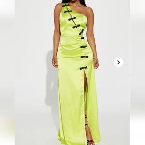Elegant Lime Green Satin Dress with Black Accents